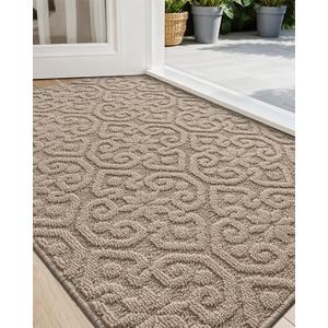 DEXI Front Door Entryway Mat Non Slip, 2x3 ft Washable Inside Entrance for House Floor Low Profile, Thin Entry Doormat Absorbent Dirt Trapper, Beige (24" x 36" (Rectangular))