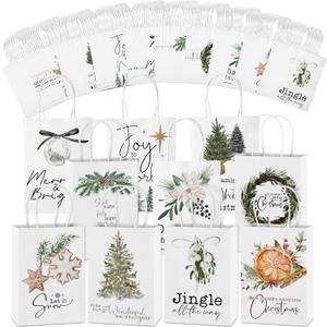 Tenceur 100 Pcs Christmas Gift Bags Bulk with Handles Reusable Kraft, Holiday Vintage Small Paper Christmas Bags for Gifts for Xmas Stuffer Candy Present Wrapping, 8.27 x 5.91 x 3.15 Inches (White)