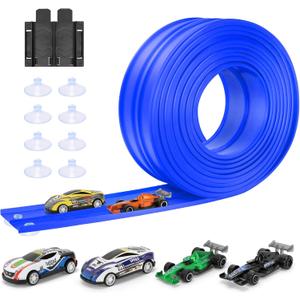 KETIEE Flex Tracks 16Ft for Kids: Flexible Race Car Ramp Track with 4 Small Racecars and 8 Suction Cups Compatible with Diecast 1/64th Cars, Rolls Up Portable Racetrack for Ages 3 & Up, Blue