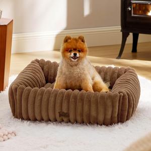 Bedsure ComfyFleece Cute Dog Bed for Small Medium Dogs - Washable Furry Puppy Beds, Rectangle Orthopedic Corduroy Fleece Pet Beds with Removable Zipper Cover, 25x21x7inches, Camel Brown