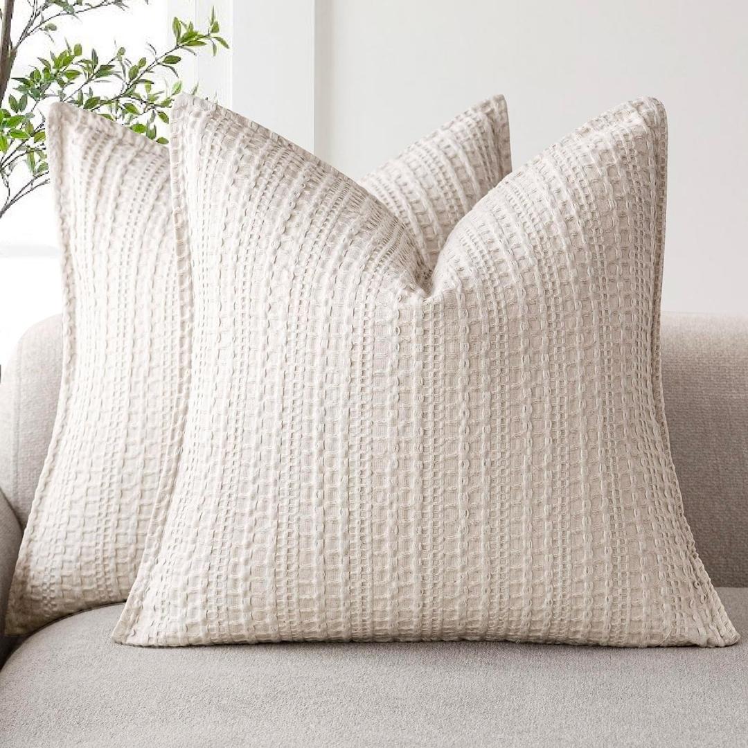 ZWJD Pillow Covers 24x24 Set of 2 Soft Polyester Textured Pillow Covers with Stylish Flange Edge Cozy Farmhouse Throw Pillows for Couch Bed Sofa Living Room Beige
