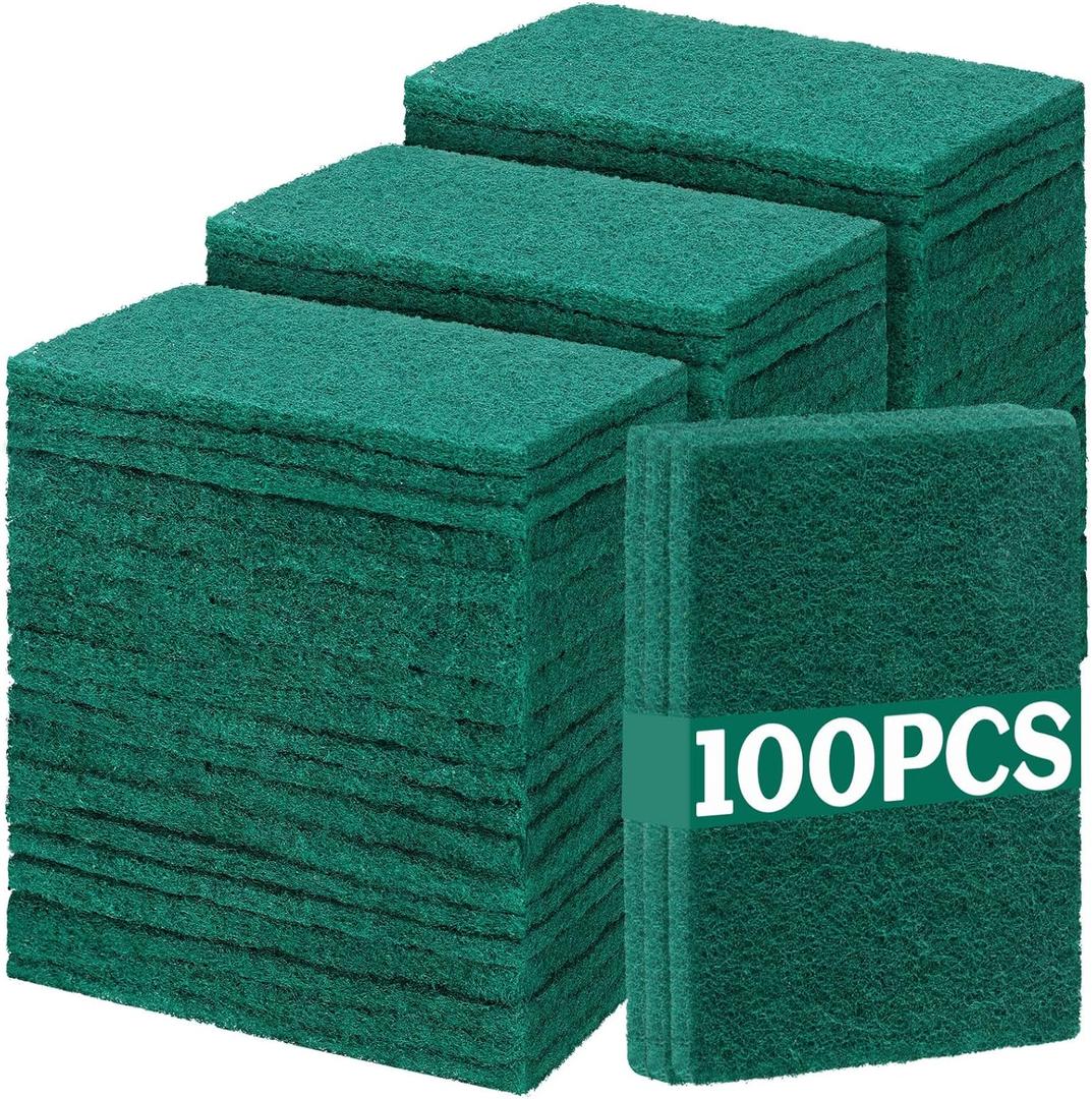 Hoolerry 100 Pcs Heavy Duty Scouring Pads Non Scratch Household Scrub Pads for Cleaning Reusable Pan Scrubber Anti Grease Scrubbing Pads for Dish Kitchen Metal Grills, 4.3 x 3 x 0.3 in (Green)