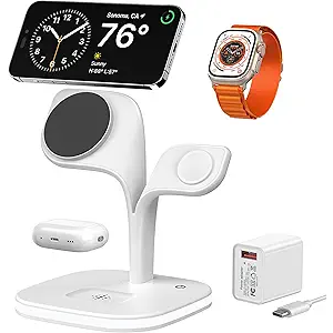 EXW for Magsafe Charger Stand,Charging Station for Multiple Devices,Wireless Charger for iPhone 16/15/14/13/12 Series,Apple Watch Series 1-9/Ultra,AirPods Pro with LED and Adapter (White)