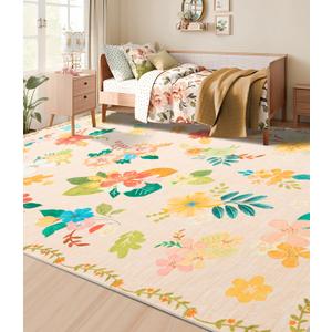 YIHOUSE Floral Print Beige Washable Area Rug 6'x9'- Large Colorful Ultra-Thin Non-Slip Area Rug for Living Room, Bedroom, Nursery Room, Classroom, Playroom,Home Office (Beige, 6x9ft)