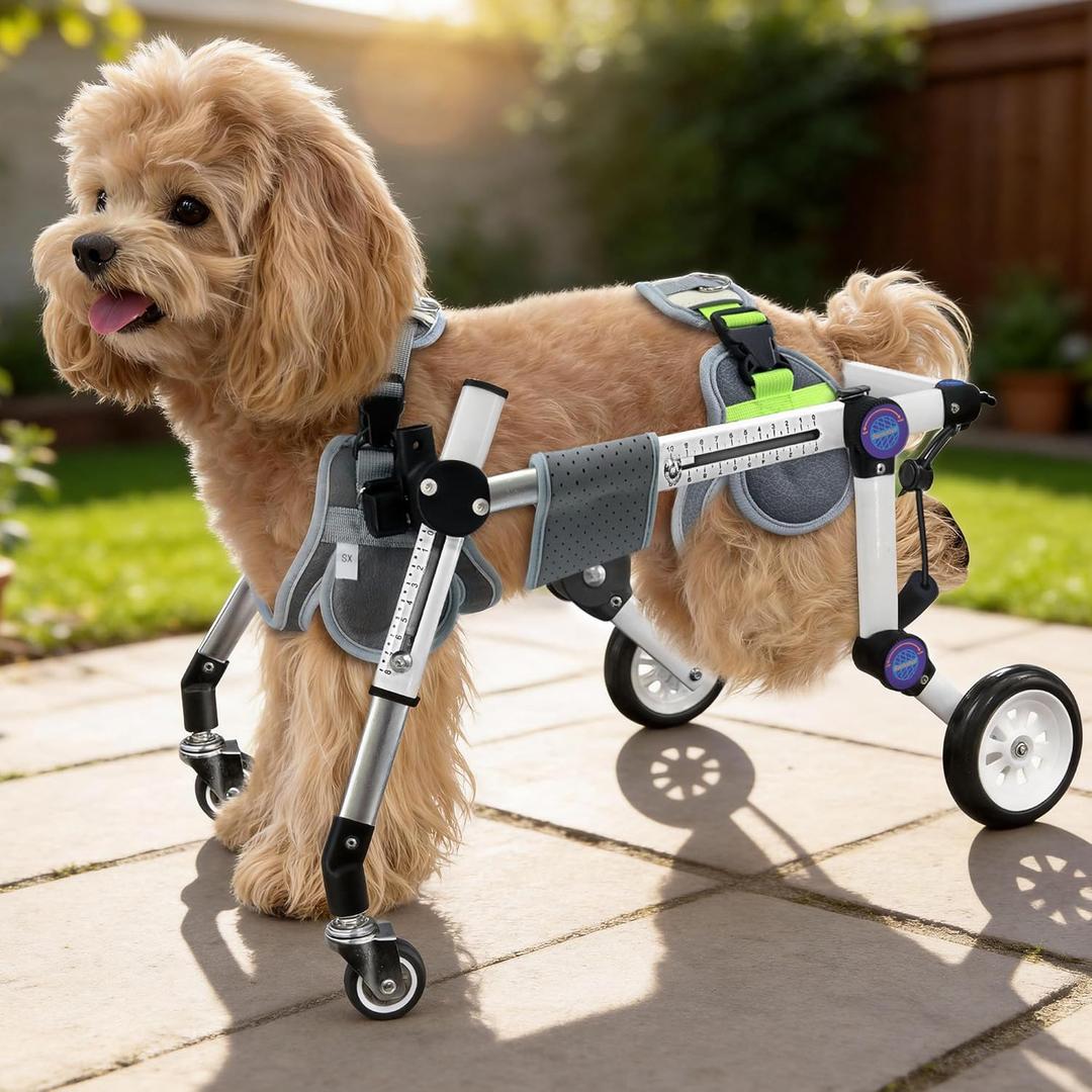 Adjustable Four Wheel Dog Wheelchair for Full Body Mobility Support,Lightweight Front & Rear Legs Mobility Aid Stable Dog Walker, XXS for 6-11lbs、XS for11-18lbs、 XSLW for 17-33lbs.Different sizes are designed to match your pet’s body structure for a stable and comfortable fit.