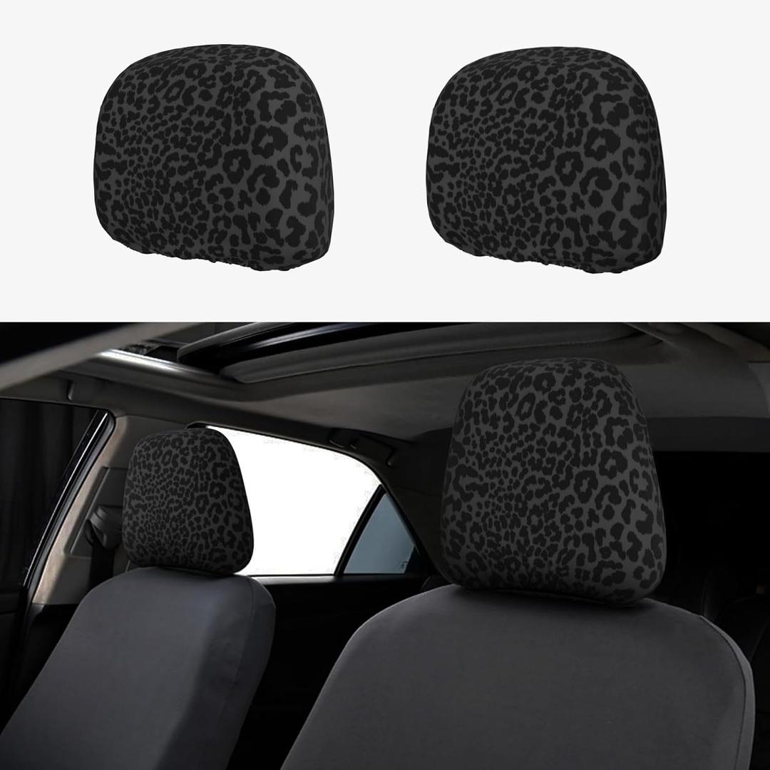 2Pcs Funny Car Seat Headrest Cover Black Leopard Cheetah Print Protector | Washable Elastic Head Rest Cover,Scratch Dust Resistant,Universal Fit Car Interior Accessories,Suvs Truck Van Vehicles Auto