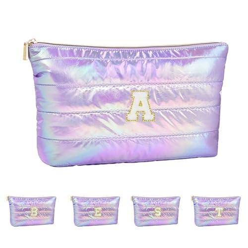 ARISTOTE Personalized Initial Quilted Makeup Bag, Large Cute Cosmetic Bag, Cotton Iridescent Travel Toiletry Organizer Bags, Gifts for Girl Girlfriend Teen Girls Gift Trendy Stuff (A, purple)
