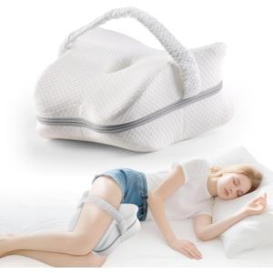 Side Sleeper Knee Pillow with Strap - Memory Foam Leg Cushion for Sciatica & Hip Pain Relief, Improve Spine Alignment (White)