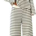MakeMeChic Women's 2 Piece Sets Striped Long Sleeve Collared Tops Shirt Wide Leg Pants Fall Outfits (Black and White, L)
