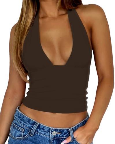 ForeFair Women Sexy Halter Deep V Neck Backless Crop Tank Top Open Back Sleeveless Slim Fit Y2k Summer Tops S