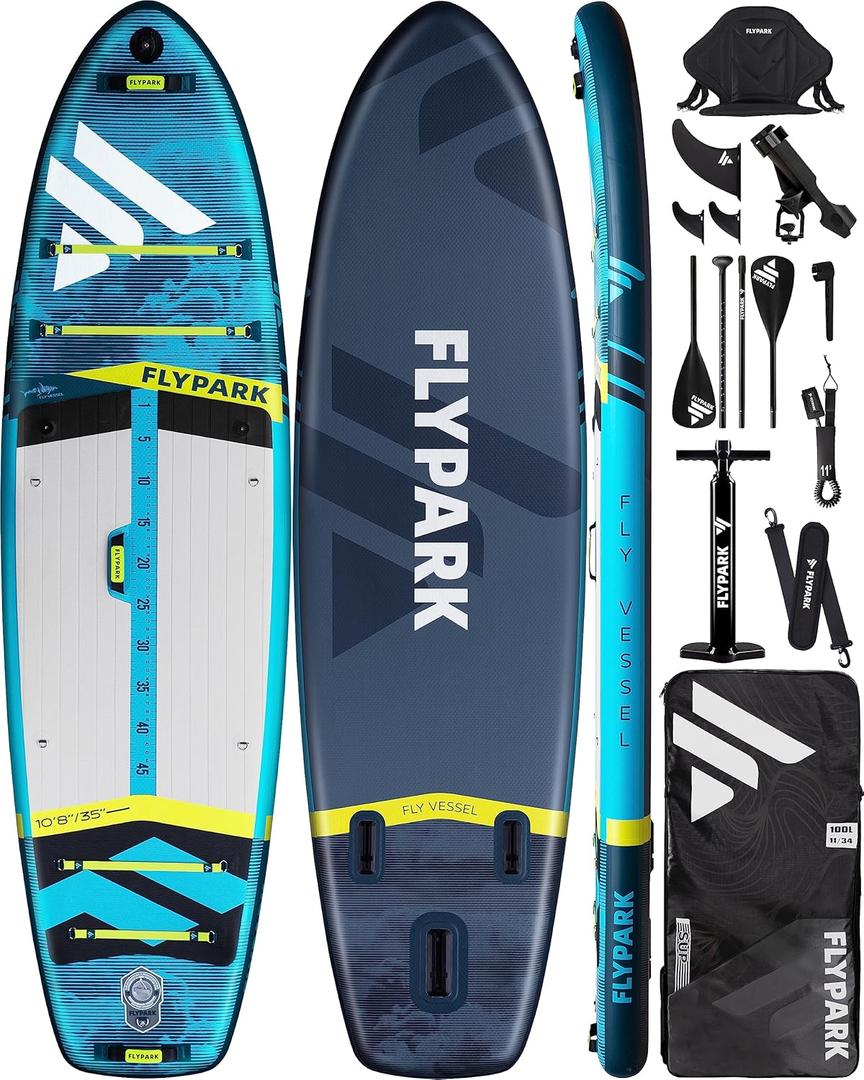 Flypark 10'8/11'x35'' Fishing&Family Stable Inflatable Paddle Boards, Extra Wide SUP Paddleboard Inflatable, 430lb/3 People, Stand Up Paddle Board for Adults, Camera Mount, Shoulder Strap, Rod Holder