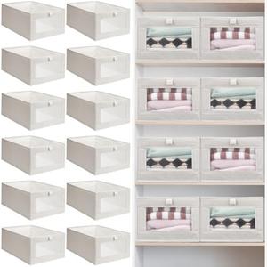 Kigley 12 Pcs Linen Closet Organizers and Storage Foldable Clothing Bins Large Foldable Box with Window Storage Baskets for Closet Shelf Clothes Jeans Toys Organization, Beige