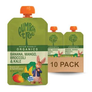 Pumpkin Tree Peter Rabbit Organics, Banana, Mango, and Kale, 4 Squeeze Pouch, Mango, Broccoli & Kale, 4.4 Ounce (Pack of 10) (EXP 06/24/27)