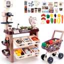 deAO Supermarket Playset for Kids Grocery Store Pretend Play Role Market Stall Toy Shop with Shopping Cart, Plays Kitchen Set for Toddlers,Best Outdoor Playset for Kids