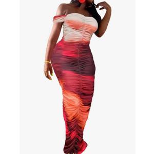 Ophestin Women Sexy Off The Shoulder Short Sleeve Tie Dye Ruched Bodycon Maxi Dress Party Club Dresses Size XL