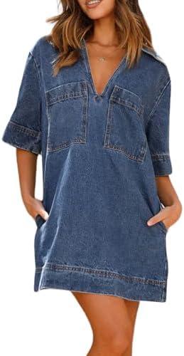 chouyatou Women's Summer Loose Fit V-Neck Sexy Mini Denim Dress Cute Jean Tunic Dress with Pockets Large, Dark Blue
