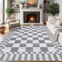 Garvee Grey Checkered Rug 5x7 Non-Slip Washable Area Rug for Living Room Bedroom Dining Room, Soft Low-Pile, Modern Farmhouse Geometric Design