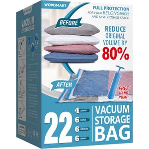 22 Vacuum Storage Bags with Hand Pump, 80% Space Saver Vacuum Seal Storage Bags for Clothing, Travel Lugggage, Blankets, Comforters