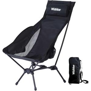 Wildhiker Portable Compact Folding Camping Chairs – Lightweight High Back with Pillow, Deep Recline, ArmPads, Side Pockets-for Motorcycle, RV, Backpacking, Travel, Festival – Black