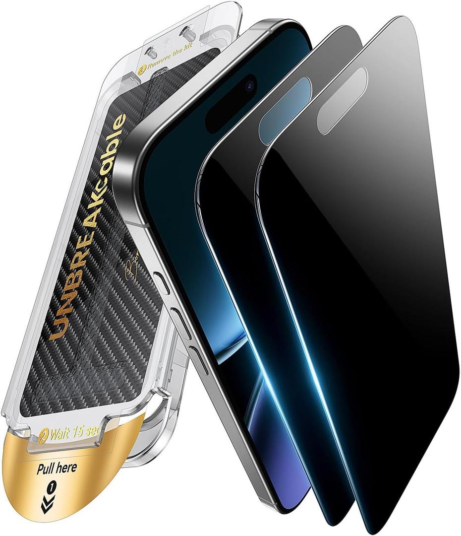 UNBREAKcable for iPhone 16 Pro Privacy Screen Protector, Tempered Glass 6.3", DustProof OneStep Installation, 25 Anti-Spy, 9H Military-Grade Shatterproof, Bubble-Free, Case-Friendly, 2 Pack