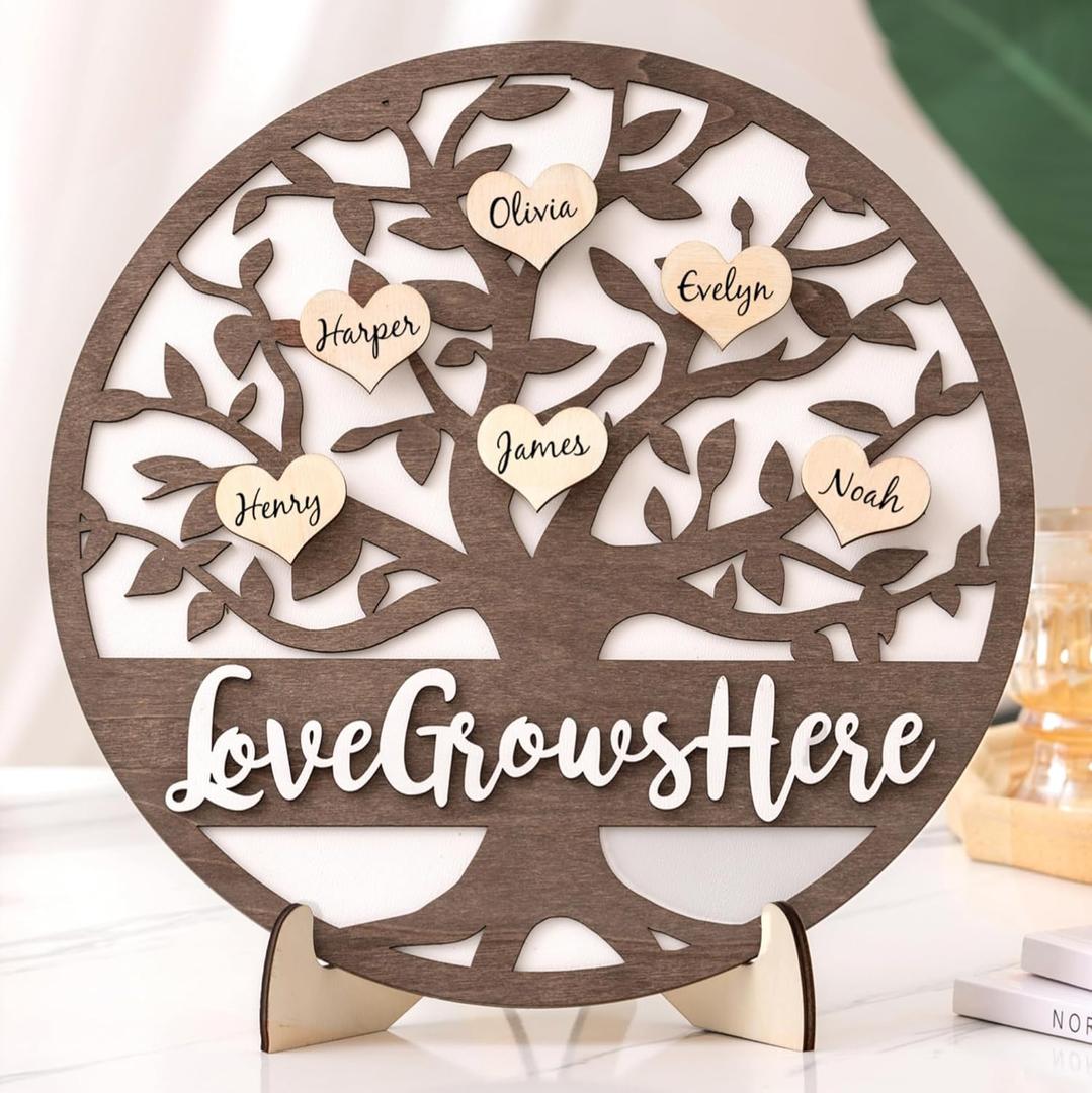 Personalized Family Tree Gifts, Wooden Love Grows Here Family Name Sign with 20 Hearts, Custom Christmas Birthday Gifts for Mom, Grandma, Mother in Law, Families (Dark Brown)