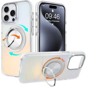 Iridescent Case for iPhone 15 Pro Max Case with Stand [ Compatible with MagSafe ], Military Grade Heavy Duty Cover with Magnetic 360 Rotatable Ring Kickstand for Women Men, Holographic White