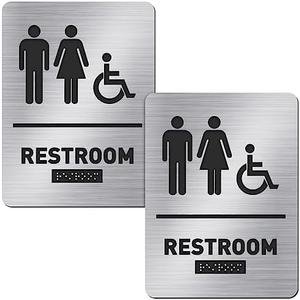All Gender Bathroom Sign Unisex and Handicap Braille Restroom Sign by Ada Compliant Wheelchair Bathroom Sign Raised Icons Grade 2 Braille Modern Restroom Signs for Business (2 Pieces)