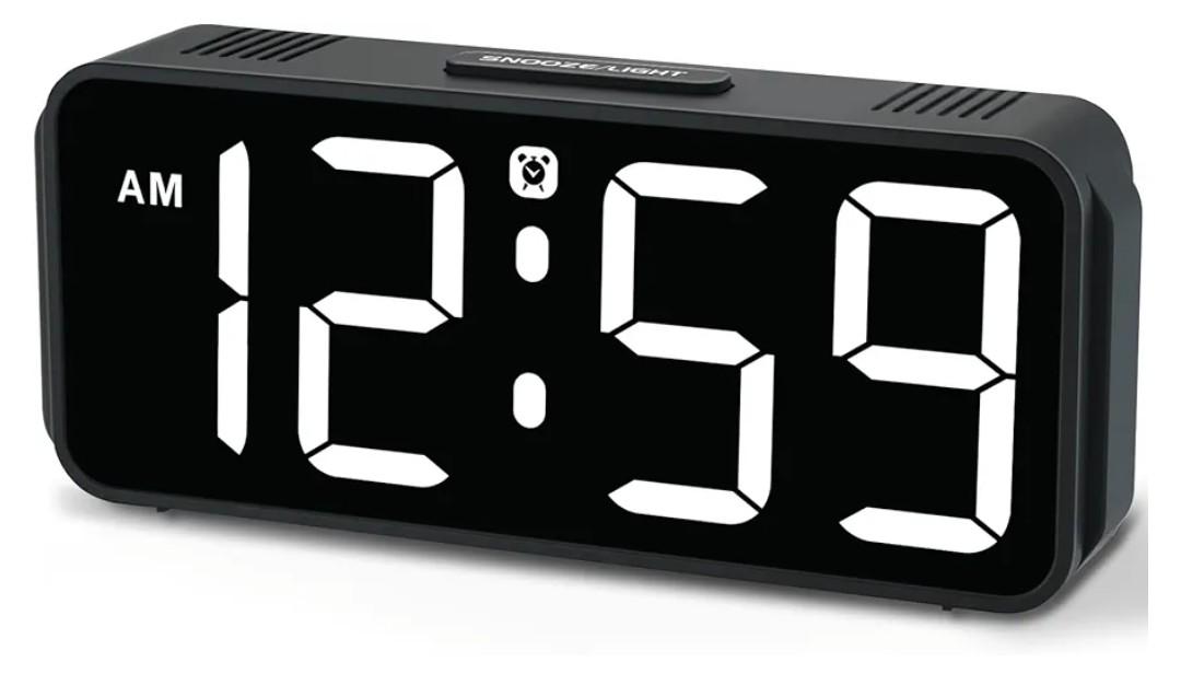 Peakeep Small Digital Alarm Clock Plug in for Bedrooms Bedside, Tiny Electric Clock Large Big Numbers Display Battery Backup for Desk Table, 6 Dimmers, 5 Adjustable Alarm Volume (White)