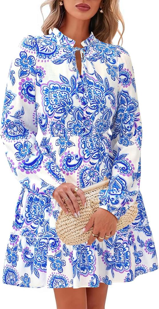 BTFBM Women Fall Dresses 2026 Floral V Neck Long Sleeve Tiered Ruffle Boho Swing Flowy A-Line Mini Dresses Vacation,LArge