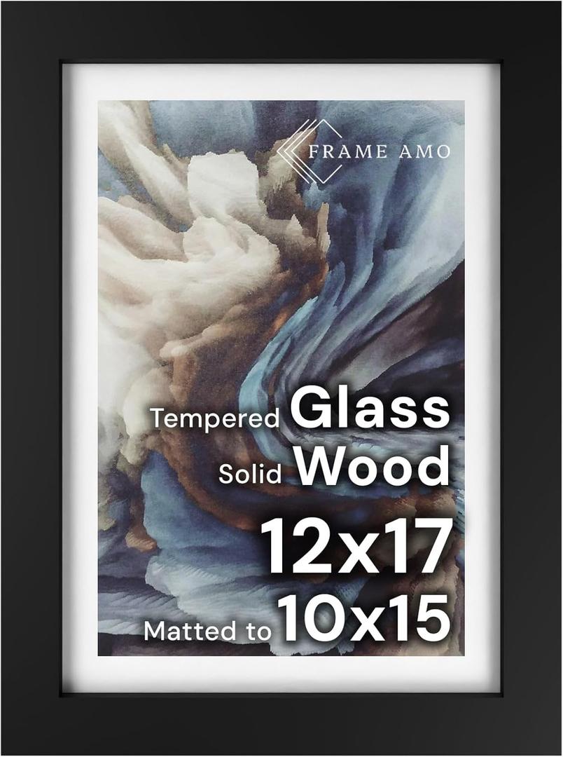 Frame Amo 12x17 Black Solid Wood Poster Frame, White Mat for 10x15 Image, Tempered Glass Front, 1.5 inch Wide, 1 inch Thick, High-End, Heavy-Duty, Gallery Grade & Acid-Free