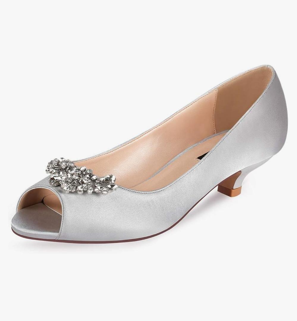 ERIJUNOR Women Comfort Low Kitten Heels Rhinestones Peep Toe Wedding Evening Party Shoes Dress Pumps Size 6.5