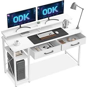 ODK Computer Desk with Drawers, 120 x 48 cm Office Desk with Storage, Home Office Table with Monitor Stand & Shelves for Study Play Work Home Office, White