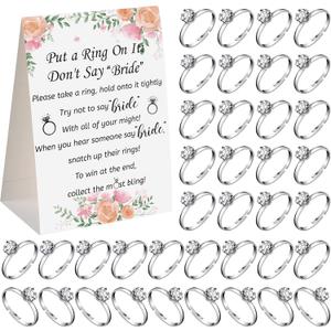 Woanger Put a Ring on It Bridal Shower Game with 50 Fake Rings, Rustic Greenery Theme Wedding Shower Games Wedding and Engagement Rings and Not Say Bride Rules Cards(Flowers,Silver)