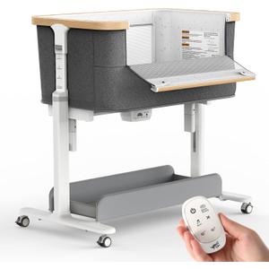 Rocking Bassinet for Baby Electric Automatic Bedside Sleeper Rocks Itself 3 Motion Auto Rolling Newborn Cradle 5 Height Adjustable with Music, Wheels, Storage, Dark Grey