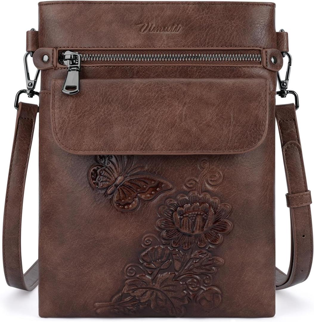 Small Crossbody Purse for Women, Vegan Leather Multi Pocket Bag with Adjustable Strap Embossed Travel Shoulder Bag (Coffee)