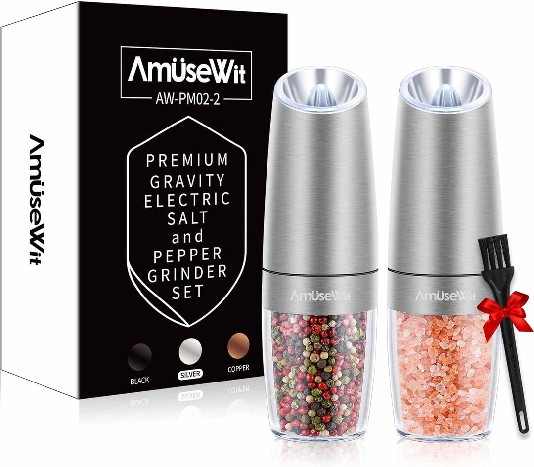 AmuseWit Gravity Electric Salt and Pepper Grinder Set [White Light] - Battery Operated Automatic Pepper and Salt Mills,Adjustable Coarseness,One-Handed Operation,Stainless Steel (Set of 2, Battery Operated - Stainless Steel)