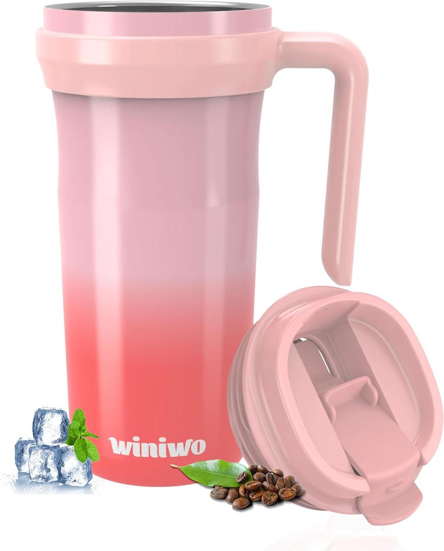 winiwo 20 oz Tumbler with Handle 2.0, Easy to Hold, Travel Coffee Mug with Screw Lid, Spill-proof, Insulated Cups, Built-in Up Down Flip, Fit Most Car Cup Holders, Commute, School, Home, Office (NEW Sunset Blush)
