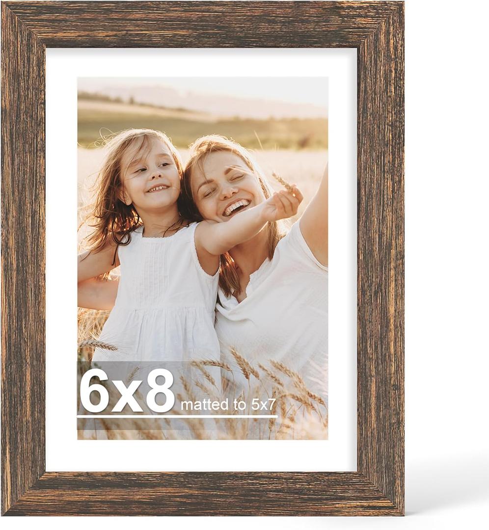 Hongkee 6x8 Picture Frame with Glass, Display Pictures 5x7 with Mat or 6 x 8 without Mat - Wall and Tabletop, 6 by 8 Photo Wooden Frames (Rustic Brown, 1 Pack)