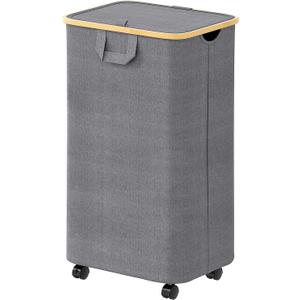 SpaceAid Laundry Hamper with Wheels and Lid, 26 Gal (100L) Rolling Clothes Basket with Bamboo Handle, Large Laundry Hamper for Bedroom, Bathroom, Dorm, Laundry Room - Grey