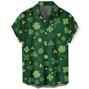Mens 2026 ST Patricks Day Shirts Clover ST Pattys Day Funny Hat Dwarf Green Printed Short Sleeve Button Down Shirt St.Patrick's Day07 XL