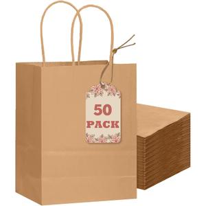 qiqee 50-Packs Brown Paper Gift Bags with Handles Bulk 8.3"x3"x 6" Small Size Paper Bags Multiple Uses (Small Size)
