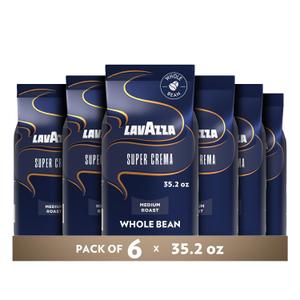 Lavazza Super Crema Whole Bean Coffee, Medium Espresso Roast, Arabica and Robusta Blend, 2.2 lb Bag, (Pack of 6) (EXP 12/01/27)