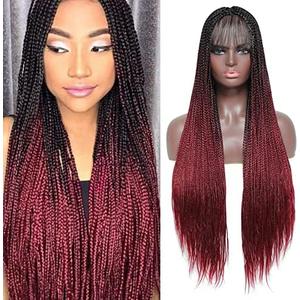 ROSEBONY Box Braided Wigs for Black Women Burgundy Red 30" Long Micro Braids Wigs with Bang Synthetic Heat Resistant Fiber Small Braids (Fake Scalp Wig, 1b/burg)