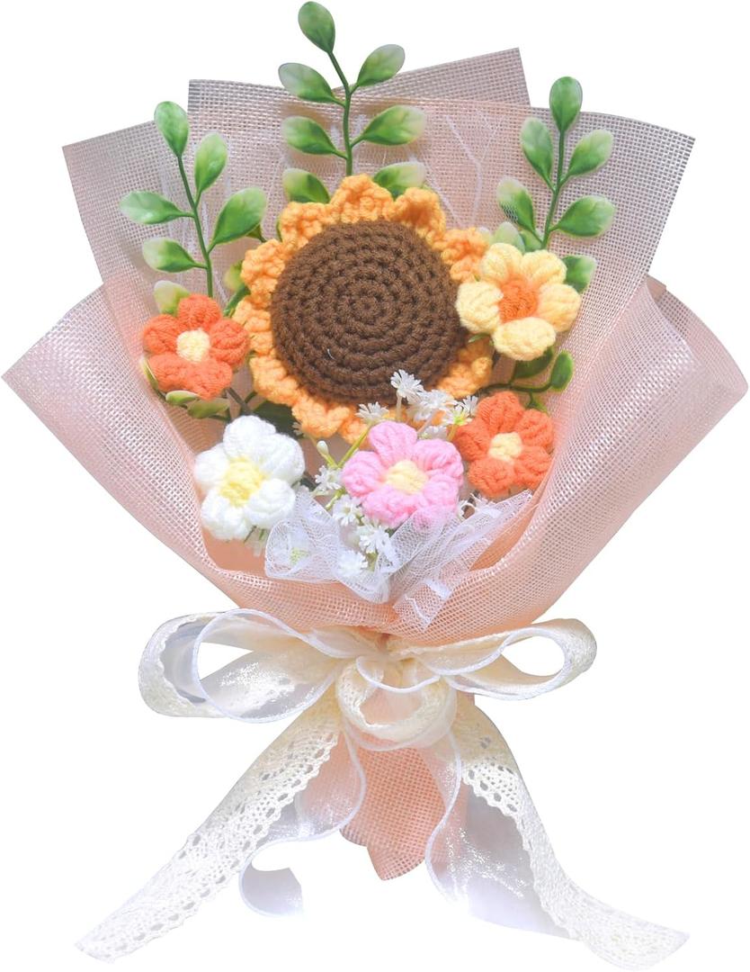 Crochet Flower Bouquet, Knitted Flowers, Completed Crochet Sunflower Daisy Flowers for Graduation Gifts Birthday Home Decor (Pink)