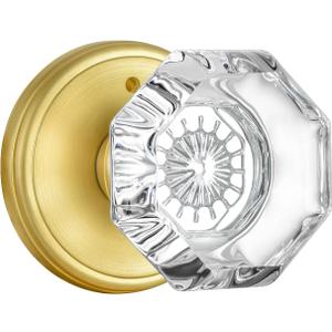 Gold Door Knob with Lock, Octagon Crystal Glass Door Knobs for Interior Door, Privacy Function Bathroom Bedroom Door Knobs Interior, Satin Brass Finish