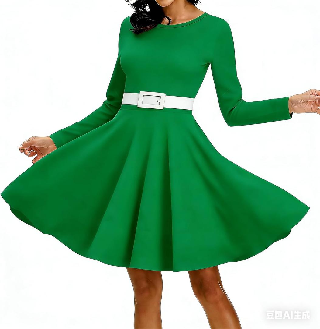 PECHAR Christmas Dresses for Women Casual Swing Christmas Dress Xmas Print Holiday Long Sleeve Dress (L)