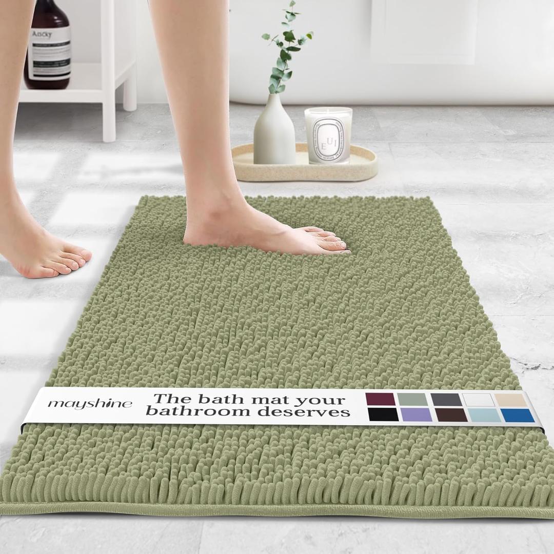 MAYSHINE Chenille Bath Mat, Non Slip Bathroom Mat for Bathroom, Absorbent & Machine Washable Toilet Mat, Soft Plush Bathroom Rug, Bathroom Accessory (Sage Green, 50x80cm) (32"x20" Rectangular)