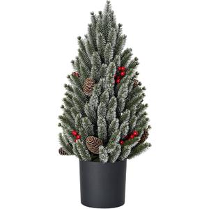 HOMCOM 18" Tall Unlit Miniature Snow-Flocked Tabletop Artificial Christmas Tree, Holiday Decoration with Pine Cones and Berries (1ft 7in, Green)