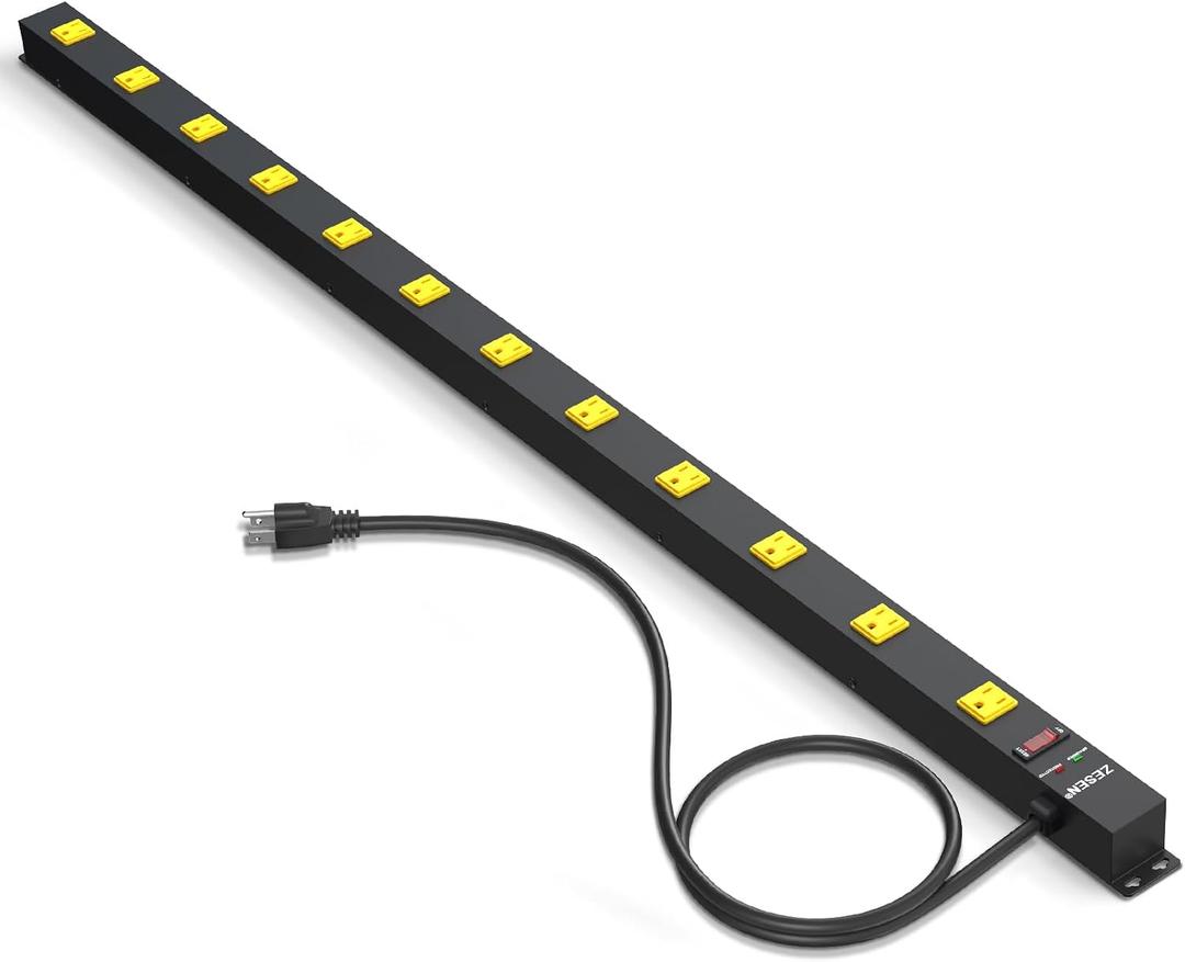 12 Outlet Long Power Strips Heavy Duty Wide-Spaced Outlets Industrial Power Strip Surge Protector with 4ft Cord for Garage Workshop Office Home, ETL Certified, 1875W, Black