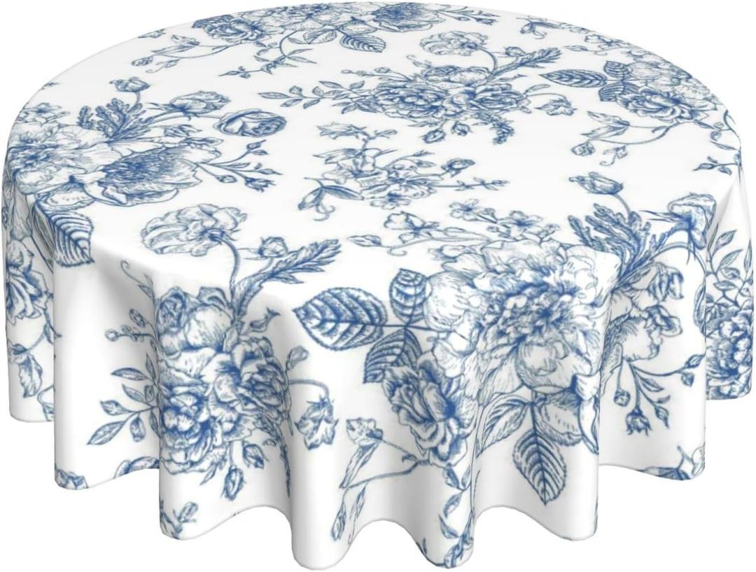 Blue Floral Tablecloth Round 7070 Inch, Blue White Chinoiserie Decor Flower Tablecloth Washable Outdoor Table Cover for Party Picnic Dinner Decor